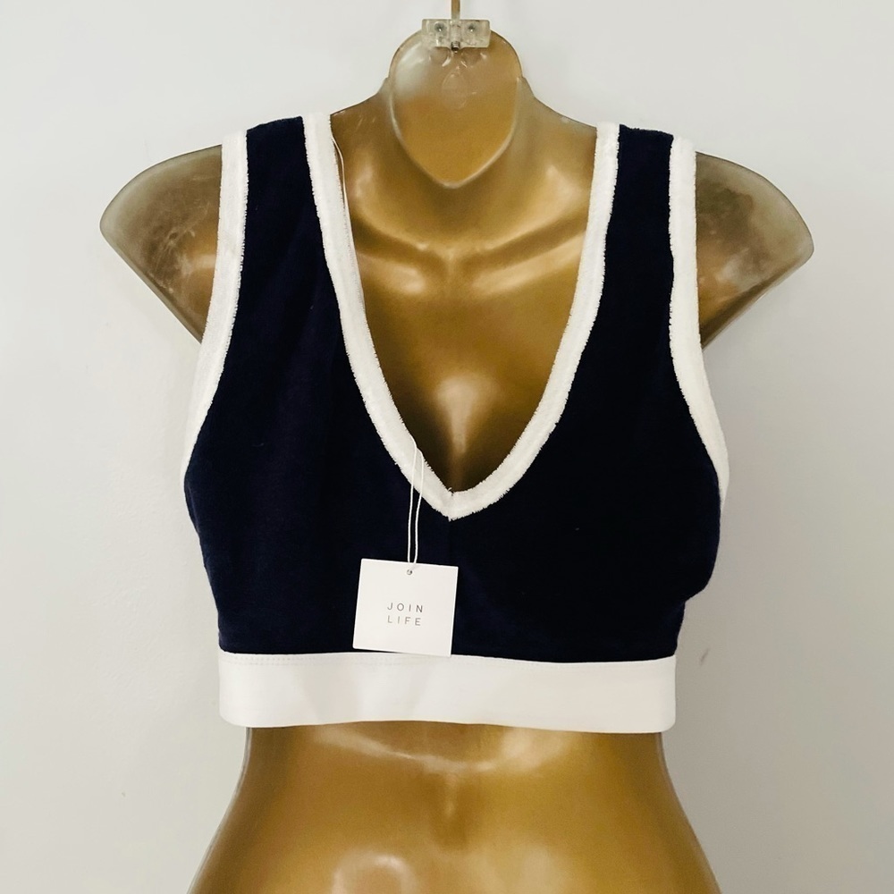 New Zara terry cloth navy blue front cut out top - Picture 2 of 4